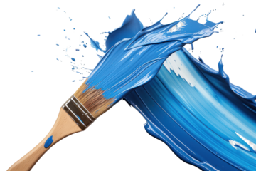 Blue paint splashing out of brush. Isolated on transparent background first person view realistic daylight