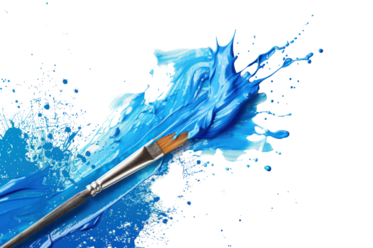 Blue paint splashing out of brush. Isolated on transparent background first person view realistic daylight - Powered by Adobe