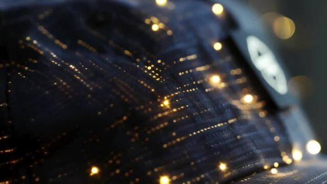 A closeup of a stylish baseball cap featuring a unique pattern of conductive thread. The threads connect to a small microcontroller that activates LED lights on the brim illuminating