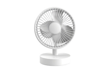 
Battery powered white table fan isolated on white background with clipping path. portable battery fan first person view realistic daylight