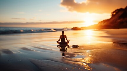 A tranquil yoga session on a beach at sunrise, calm sea in the background. Resplendent.