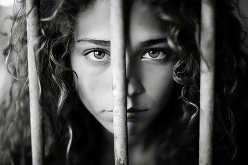 Portrait of a female prisoner staring intently into a cell behind the bars of a prison cell. Women's colony - obrazy, fototapety, plakaty