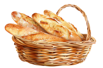 
basket of French baguette illustration PNG element cut out transparent isolated on white background realistic daytime first person view
