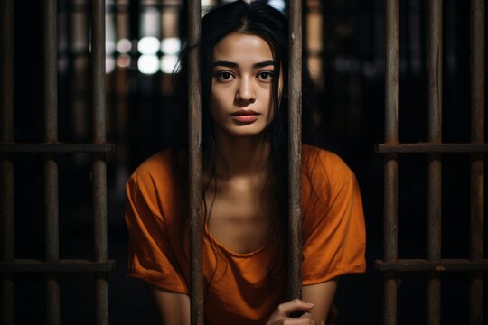 Portrait of a female prisoner staring intently into a cell behind the bars of a prison cell. Women's colony