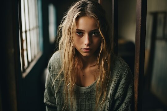 Portrait of a female prisoner staring intently into a cell behind the bars of a prison cell. Women's colony