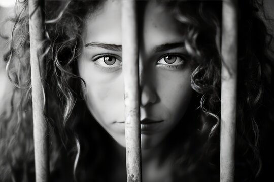 Portrait of a female prisoner staring intently into a cell behind the bars of a prison cell. Women's colony