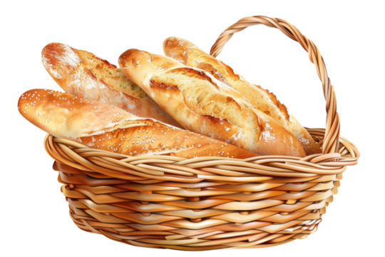 
basket of French baguette illustration PNG element cut out transparent isolated on white background realistic daytime first person view