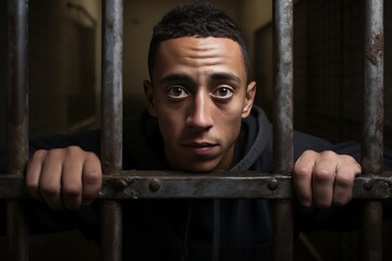 Intense portrait of teenage prisoner staring into the camera from behind bars in a prison cell - obrazy, fototapety, plakaty