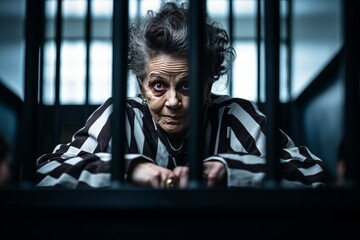 Senior woman in prison uniform sits behind bars in dark prison for criminal acts leaving free life. Fair punishment of perpetrator for prohibited events. Woman angry face and hatred of female - obrazy, fototapety, plakaty
