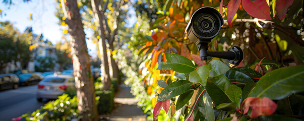 An outdoor surveillance camera peeks out from lush green foliage on a sunny residential street. - obrazy, fototapety, plakaty