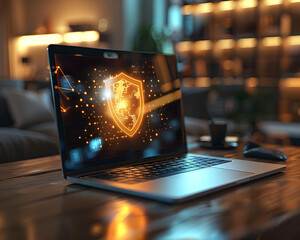 A laptop on a wooden desk projects a holographic cybersecurity shield, symbolizing advanced digital protection in a home office environment.