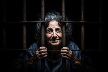 Senior woman in prison uniform behind bars for criminal acts and fair punishment - obrazy, fototapety, plakaty