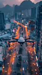 A camera-equipped drone hovers above a bustling city street as evening traffic lights stretch into the distance.