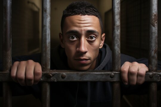 Intense portrait of teenage prisoner staring into the camera from behind bars in a prison cell