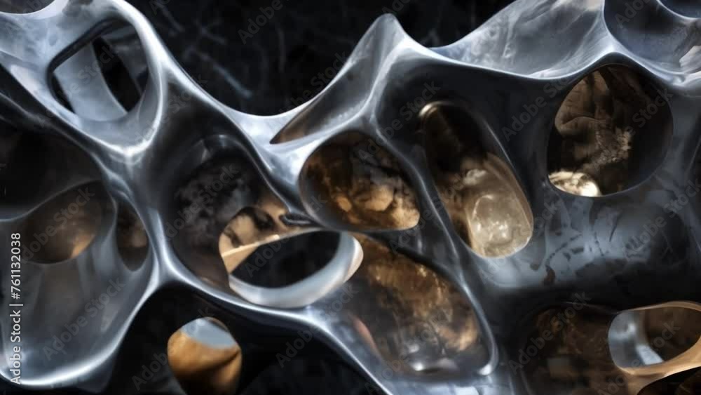 Poster a dark and moody closeup of a metallic sculpture with a soft glow emanating from within. the sculptu