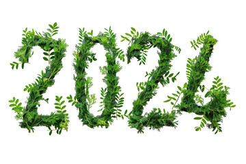 
" 2024 " made of green leaves isolated on white background first person view realistic daylight