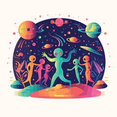 A cosmic dance party on a distant planet where alie