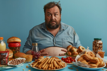 an overweight man holding his belly with a regretful face, remorseful for neglecting his health. Unhealthy foods on the table.