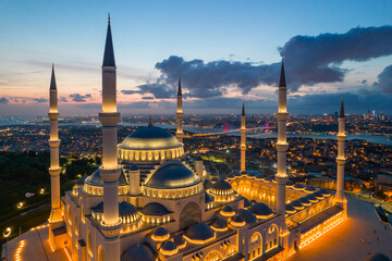 Camlica Mosque in the Sunset Colors Drone Photo, Camlica Hill Uskudar, Istanbul Turkiye (Turkey)