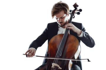 
Man playing cello on white background first person view realistic daylight