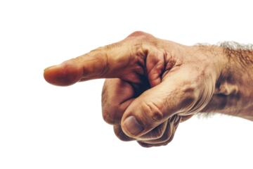 
Man hand pointing with right index finger isolated on white Realistic daytime first person perspective