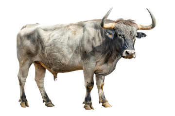 
Male gray giant ox, castrated bull used as draft animal isolated on white background Realistic daytime first person perspective