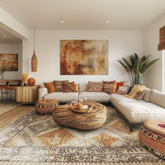 Boho interior design of modern living room. Generative AI