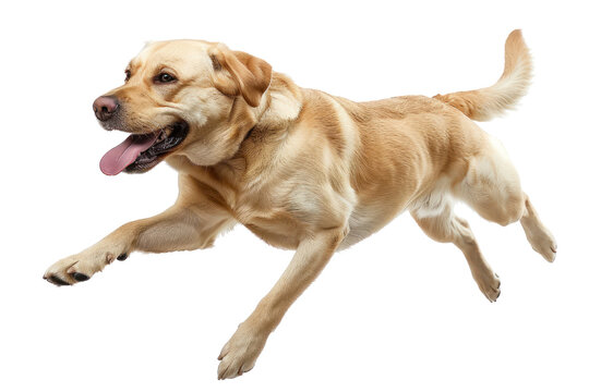 
Labrador Retriever dog running and jumping isolated on white background. Realistic daytime first person perspective