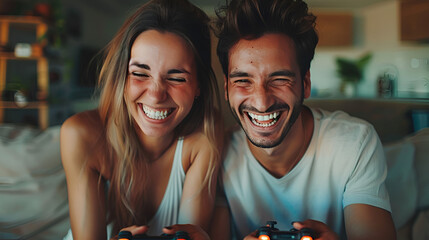 laughing couple playing a video game with joysticks on a sofa, generative Ai - obrazy, fototapety, plakaty