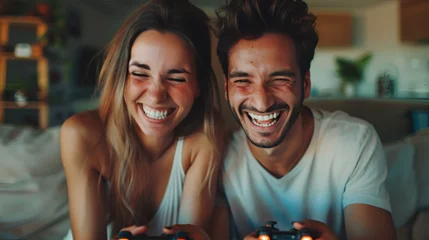 Poster laughing couple playing a video game with joysticks on a sofa, generative Ai © Zoya
