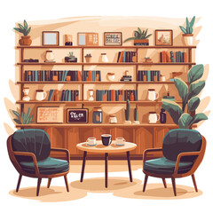 A cozy coffee shop interior with comfy armchairs bo