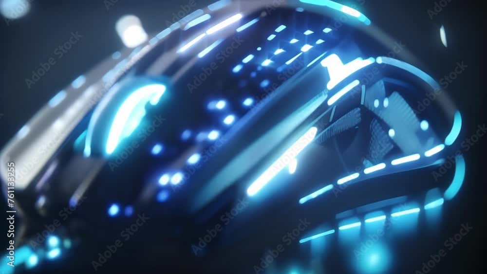 Poster a macro shot of a gaming mouse with glowing blue buttons ready to be clicked and controlled by a ski