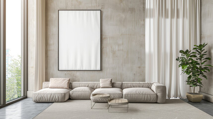 Modern airy living room with floor-to-ceiling windows, white sheer curtains and an empty frame model on the wall above the sofa - obrazy, fototapety, plakaty