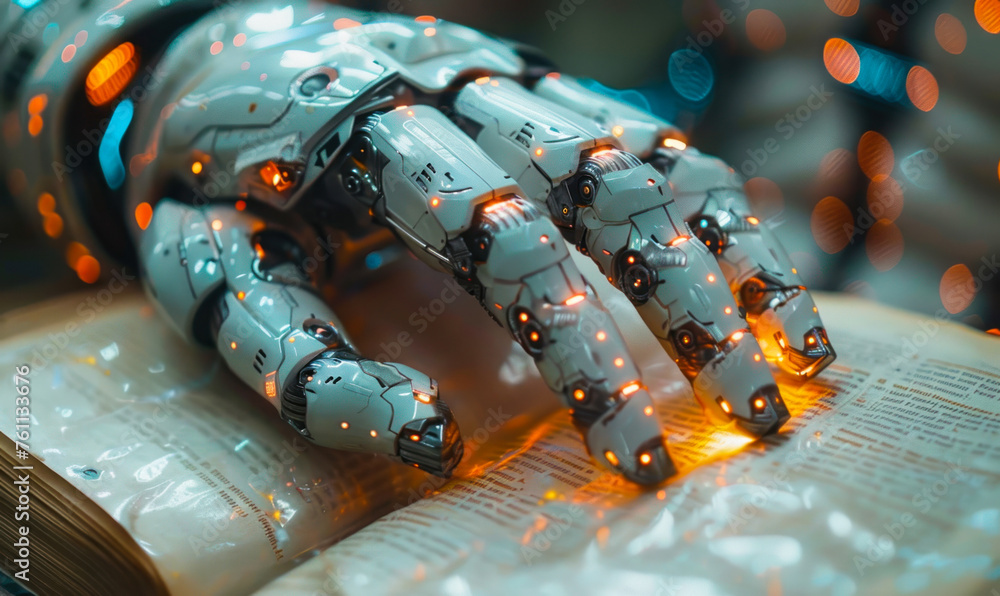 Poster futuristic robotic hand interacting with a book, symbolizing the intersection of advanced technology