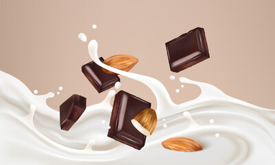 Milk with chocolate and almonds splashing isolated on solid color background. Realistic vector in 3D elements. Food concept.