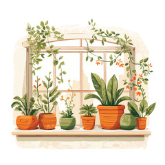 A cozy window sill garden illustration with pots 