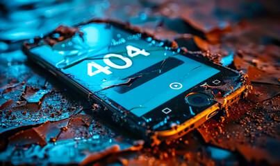 Cracked smartphone screen displaying a 404 error message, symbolizing a broken digital link or failed connection on a dark, textured background - obrazy, fototapety, plakaty