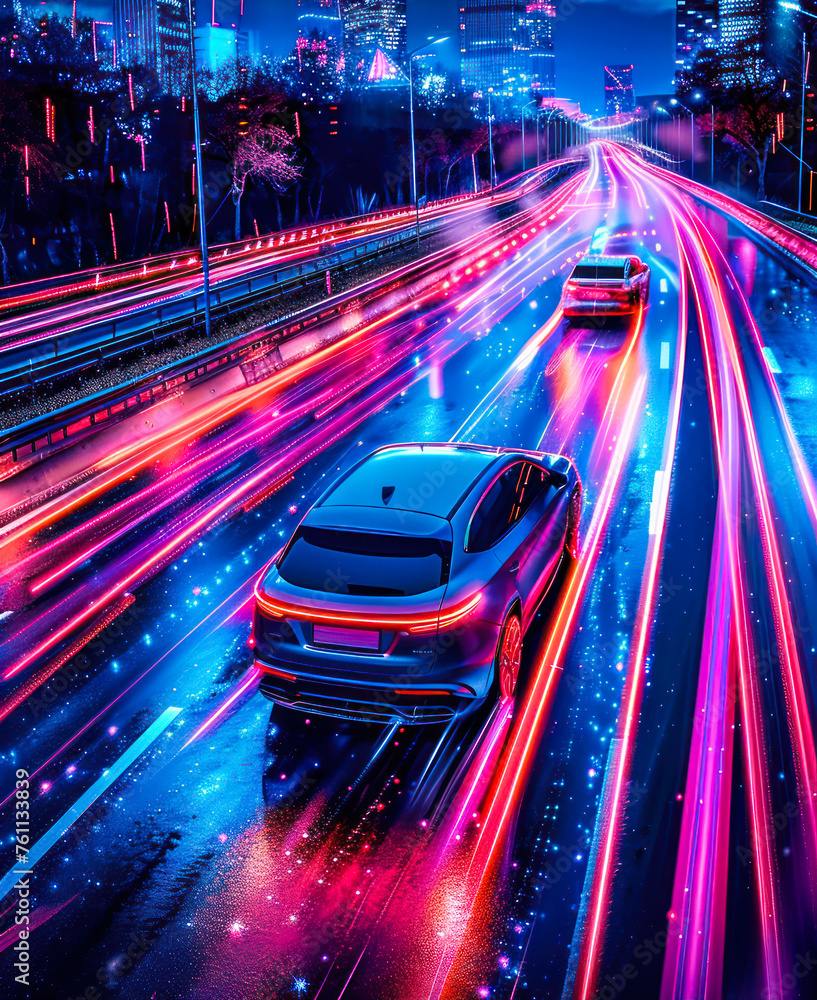 Poster high-speed autonomous vehicle with dynamic light trails on a highway, representing the concept of fu