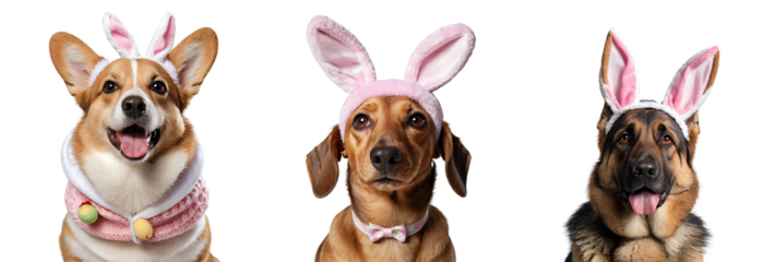 Cut-Out Set of Corgi (Pembroke Welsh or Cardigan), Dachshund, German Shepherd Dogs Close-Up Face Dressed Up as Easter Bunny, Isolated on Transparent Background