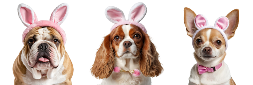 Cut-Out Set of Bulldog, Cavalier King Charles Spaniel, Chihuahua Dogs Close-Up Face Dressed Up as Easter Bunny, Isolated on Transparent Background