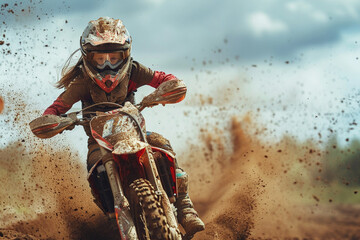girl in a motocross race mud flying - obrazy, fototapety, plakaty