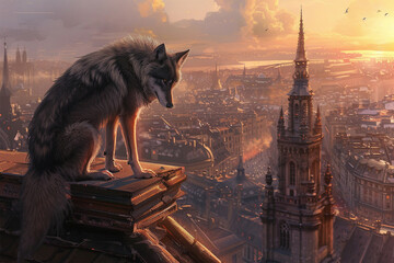a wolf on top of a tall building in the city - obrazy, fototapety, plakaty