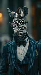 Fototapeta na wymiar Fashionable zebra strides through city streets in tailored elegance, epitomizing street style. The realistic urban backdrop frames this black-and-white beauty, seamlessly merging wild charm with conte