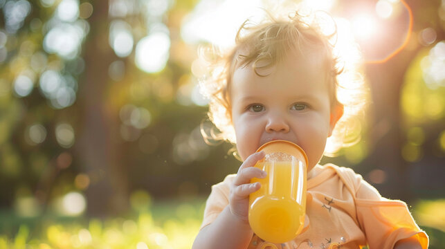 Plus-size toddler sipping juice from a sippy cup outdoor picnic