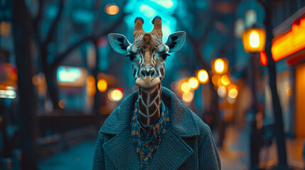 Graceful giraffe strolls through city streets in tailored splendor, epitomizing street style. The realistic urban setting captures the long-necked charm seamlessly merged with contemporary fashion all - obrazy, fototapety, plakaty
