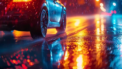 Fotobehang A car is driving down a wet road at night with the headlights on © terra.incognita