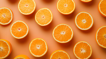 Freshly Cut Orange Slices Arranged on a Vibrant Orange Background