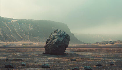 A large rock sits in the middle of a dry, barren field - Powered by Adobe