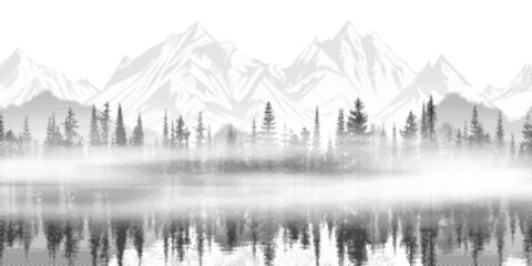 Northern nature view, black and white landscape, reflection of mountains and forests in the lake