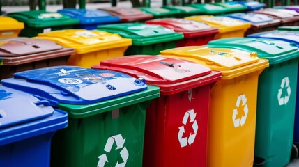 An array of colorful recycling bins with labels for sorting different types of recyclable materials - obrazy, fototapety, plakaty